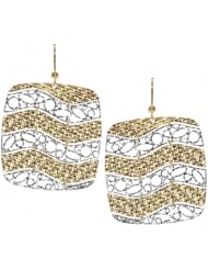 14K Italian Yellow and White Gold Square Shape Diamond Cut Wave Design Earrings