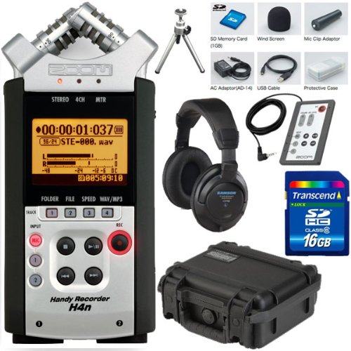 Zoom H4n Portable Recorder includes 16GB SDHC card, RC4 remote, Samson CH700 Headphones, Tripod Stand, and Hard Case