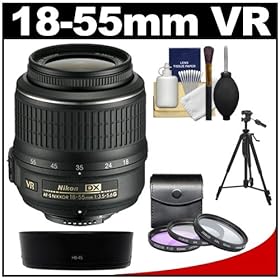 Nikon 18-55mm f/3.5-5.6G VR DX AF-S Zoom-Nikkor Lens with 3 UV/FLD/CPL Filters + Hood + Tripod + Cleaning Kit for D3100, D3200, D5100, D7000, D300s Digital SLR Cameras