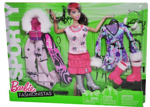 51z5nj6ovsL Barbie Year 2010 Fashionistas Series Sporty Outfit Doll Cloth Assortment R6819   SKI TRIP Outfits with Sleeveless Top, Mini Skirt, Dress with Faux Fur Sleeve Cuffs, Jacket with Faux Fur Collar, Long Pants, Sunglass, Ski Earmuffs and 2 Pairs of Boots (Doll is not Included)