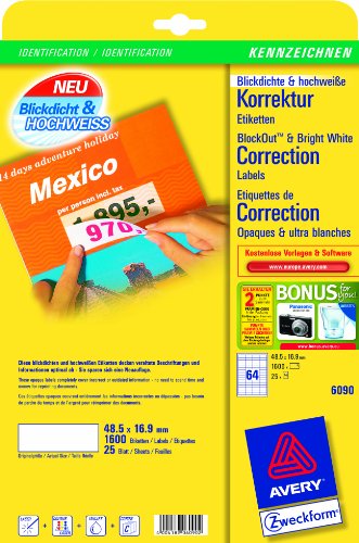 Avery Zweckform, 6090, 25 Blatt, Abdeck-Etiketten, nicht durchscheinend, für Barcodes, korrigieren von Preisen, 48, 5 x 16, 9 mm