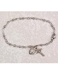 Great for First Communion, 6.5" Rosary Girls Bracelet, 3mm Beads, Sterling Silver with Heart Shaped Miraculous Medal and Crucifix Cross Charms.