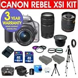 Canon EOS Rebel XSI 450D 12.2 MP Digital Camera (Silver) with Canon EF-S 18-55mm IS Lens + Canon 75-300mm f/4-5.6 Telephoto Zoom Lens + Rokinon 500mm F/8 Lens with 2x Converter (=1000mm) + .40X Wide Angle Lens with Macro + +1, +2, +4, +10 4 Piece Macro Close Up Kit + 16 GB Memory Card + Multi-Coated UV Filter (2) + Multi-Coated Polarizer Filter + Digital Slave Flash + 50 Titanium Anodized Tripod + Deluxe Camera Bag + 6 Piece Accessory Kit + 3 Year Warranty Repair Contract