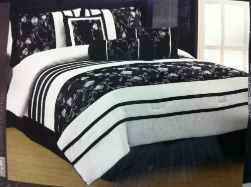 Ava Black and White Floral Queen Size 7 Piece Bedding Set