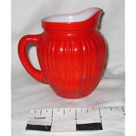 Click here to buy Vintage Fire King Fired-on Rainbow Primary Red Milk Glass Pitcher by Moko's Attic.