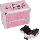 PINK INTERCHANGEABLE 6-TIERS EXTENDABLE TRAY CROCODILE TEXTURED PRINTING PROFESSIONAL ALUMINUM COSMETIC MAKEUP CASE WITH DIVIDERS - E3304