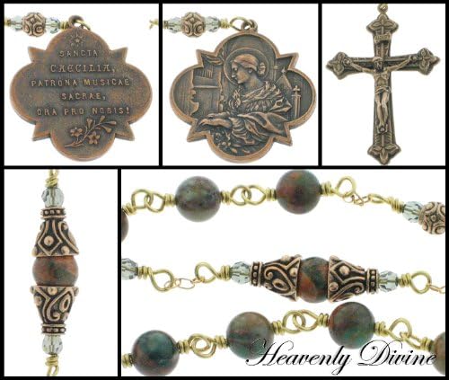 Handmade Bronze St Cecilia Green Opal and Swarovski Crystal Wire-Wrapped Catholic Patron Saint One-Decade Pocket Prayer Rosary
