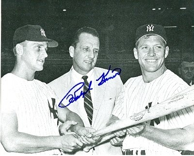Ralph Kiner Autographed/Hand Signed 8x10 Photo pictured with New York Yankees Roger Maris and Mickey