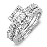 14K White Gold Princess & Round White Diamond Engagement Bridal Ring Set (1.05 CT, H-I Color, I1-I2 Clarity)