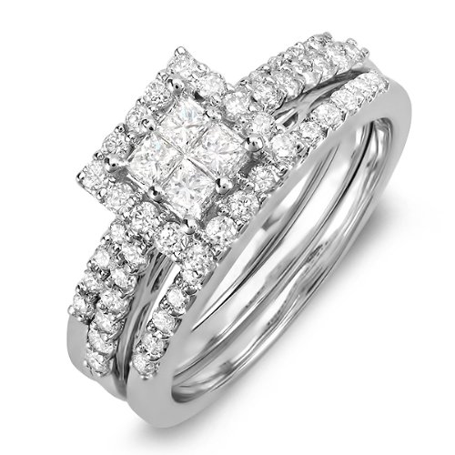 Discount 14K White Gold Princess & Round White Diamond Engagement Bridal Ring Set (1.05 CT, H-I Color, I1-I2 Clarity)