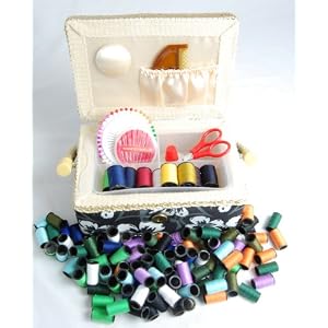 Sewing-Kit-Wicker-Basket-Black-Flower-Print-w-Contents