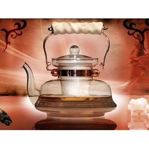 NOSTALGIE Glasteekanne mit Porzellanfilter ;-griff, Armatur verkupfert, Inhalt 1,4 Ltr. NOSTALGIE Glasteekanne mit Porzellanfilter ;-griff, Armatur verkupfert, Inhalt 1,4 Ltr.