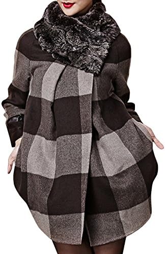 OYD Women's Midi Long Warm Rabbit Fur Collar Checkered Coat Outerwear L
