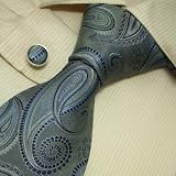 S3039 NEW Designer Hand Made Grey Paisleys Pattern Neck Tie Cufflinks Grey Blue Ties for Men Jacquard Woven Pure Silk Mens Neck Tie and Cuff Links Gift Set