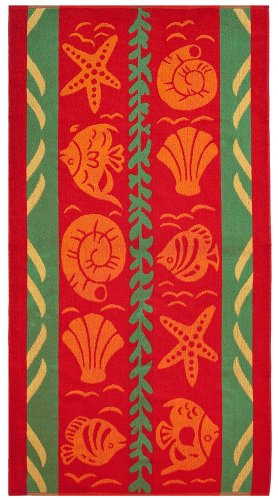 Coral Shells & Fish Orange Green - Terry Jacquard Beach Towel size 30x60 - 400 grams 100% Pure Ringspun Cotton - Brilliant intense vibrant colors - Highly absorbent easy care machine wash - Use for picnic poolside or a colorful bath towel - Save 53%