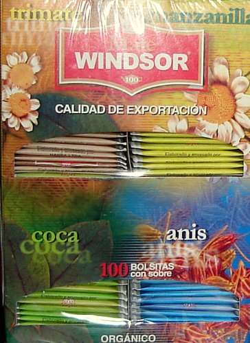 Coca Tea Windsor Organic Sampler Box 100ct: 25 Coca, 25 Trimate, 25 Anis, 25 Chamomile by Hansa