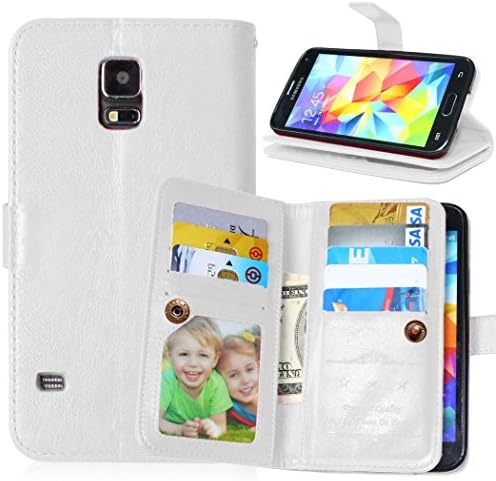S5 Wallet Case Cover - Unibeauty Samsung Galaxy S5 Case Bumper Well-Made PU Leather Magnetic Strap Built-in Card Slots &amp; Cash Pockets &amp; a Windowed Pocket Flip Stand with Free Gifts, White