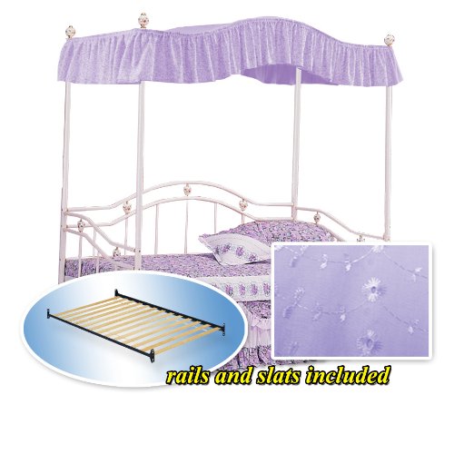 Lavender Fantasy Eyelet Canopy Set White Twin Day Bed Set with Bed Slats Bunkie Boards & Rails