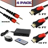 4Pc Black/Red HDMI Kit: 3-Port HDMI Switcher with 3Ft, 6Ft & 10Ft HDMI Cables - BONUS Auxilary Cable Included!!