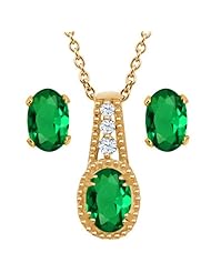 1.48 Ct Oval Green Nano Emerald 14K Yellow Gold Pendant Earrings Set