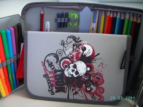 42 Teile gefüllte Federtasche,grau,Federmappe,Schüler-Eui,Etui,Mäppchen,Schulmappe,Faulenzer 