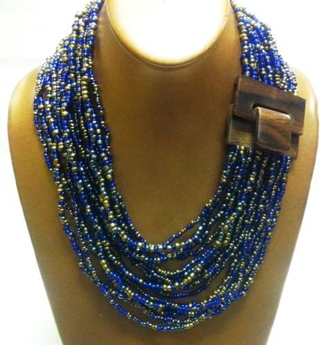 2-6 Day Delivery- Multiple Colors Available, Including Metallic Colors Handmade Beaded Balinese Bracelet or Necklace, with Natural Wood Hook Buckle Closure Multi Strand Glass Beaded Jewelry Trendy Unique Design Modern Indonesian Fashion Accessory from Bali (Necklace, Cobalt Grey Bronze)