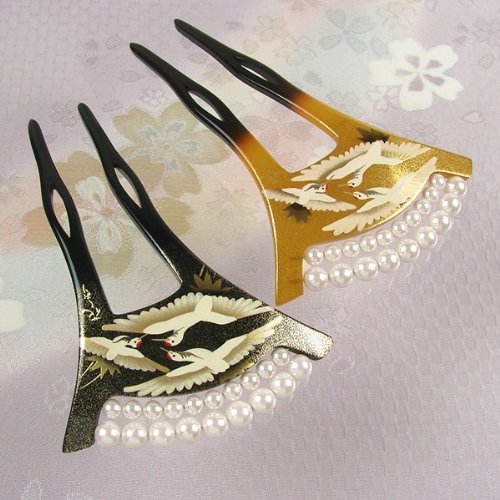 バチ型2連パール簪(かんざし)鶴 成人式 結婚式 黒留袖