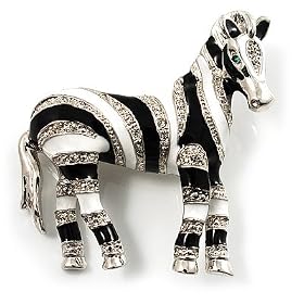 Zebra Crystal Enamel Brooch (Silver Tone)