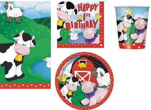 FARM FRIENDS 1st BIRTHDAY PARTY TABLEWARE PACK NAPKINS PLATES CUPS TABLECOVER
