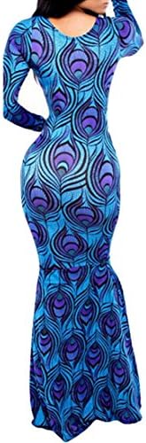 Agatha Garcia Women Blue Mermaid Peacock Feather Print Maxi Dress