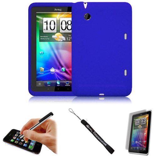 Blue Cover Protective Slim Durable Silicon Skin Case for HTC Flyer 3G WiFi HotSpot GPS 5MP 16GB Android OS AD2P 7 Inch Tablet Device + Includes a eBigValue (TM) Determination Hand Strap + Includes a Universal Graphic Designer Stylus Pen used for navigatin