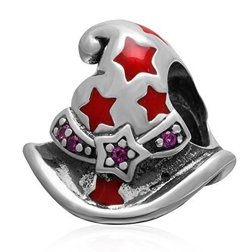 Magic Witch Hat Charm with Red Enamel Star Authentic Sterling Silver Birthstone Bead Fits Pandora Charms Bracelet for Christmas Day