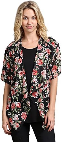 New Women's Chiffon Floral Print Open Front Draped Shawl Cardigan M, Black