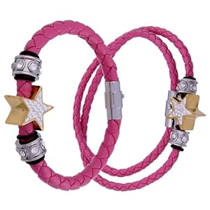 Kadima Leather Bracelet ,Leather Necklace ,Stainless Steel Pandora Beads ,Stainless Steel Braided PU with Gold Star & Crystal Bracelet and Necklace Set, 6mm 8