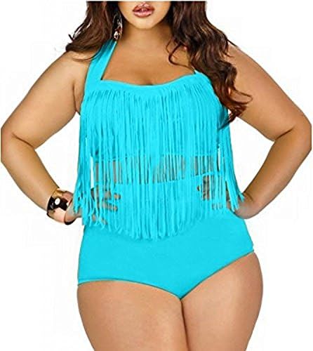 Women's Plus Size Retro Vintage High Waist Braided Fringe Top Bikini Swimsuits
