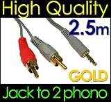 HQ 3.5mm Stereo Jack to 2 Phono Plugs Lead Gold Grey Cable 2.5m
