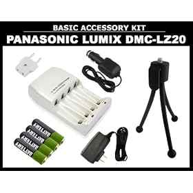 Battery and Charger for Panasonic Lumix DMC-LZ20 Digital Camera Includes 4 Batteries + USA To Europe Adapter, Works In A Car + Mini Tabletop Tripod