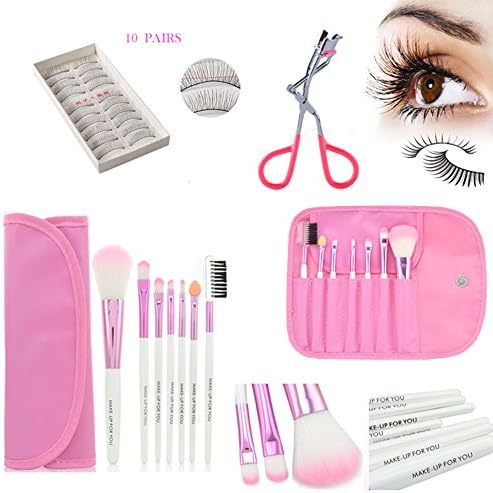 Makeup Brush Set Professional 7 Pieces Makeup Brushes Cosmetic Makeup Tool Set with 10 Pairs of False Eyelashes and a Pink Eyelash Curler - All-in-one Make up Tools (Pink)