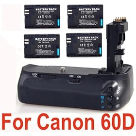 4 LP-E6 Batteries + Canon EOS 60D Compatible Professional Battery Pack BG-E9