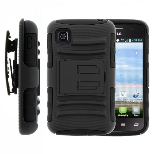 MINITURTLE, High Impact Rugged Hybrid Dual Layer Protective Phone Armor Case Cover with Built in Kickstand and Swiveling Holster Belt Clip for TracPhone Prepaid Android Smartphone LG Optimus Dynamic 2 II L39C (Black)
