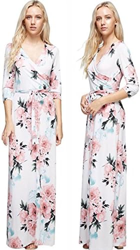Von Nollo Women's White Floral Boho 3/4 Sleeve Faux Wrap V-Neck Long Maxi Dress (Small)