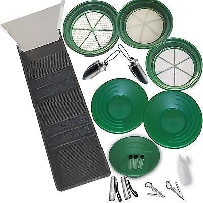 17 PC GOLD PAN COMPLETE SET Sluice Box; Classifiers; Pans; Tweezers; Vials; More