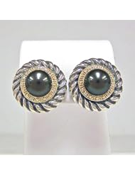 14K Yellow Gold and .925 Sterling Silver 8-9mm 3/4 Cut Tahitian Black Pearl and Diamond Earrings TE-10052A-AM