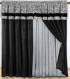 2 Panel Black and White Zebra Micro Fur Window Curtain / Drape Set with Attach Valance-treatment Draperies