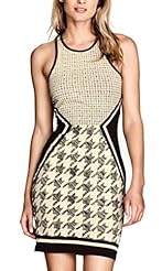 Short Houndstooth Print Draped Knit  Dress