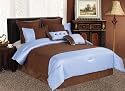 8 Pieces Luxurious Solid Brown with Blue Pleats Stripe Comforter Set Bed-in-a-bag for Queen Size Bedding