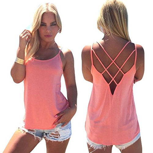 Blooming Jelly Women's Casual Loose Strap Hollow Out Back Camisole Tank Tops (X-Large, Pink)