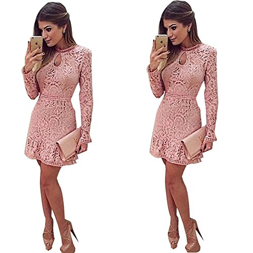 Oulifa Womens Empire Waist Long Sleeve Allover Floral Lace Bodycon Mini Dress