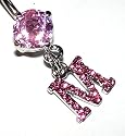 Pierced & Modified  Body Jewellery Navel Bars  Pink Crystal Initial Dangle Belly Bar  M