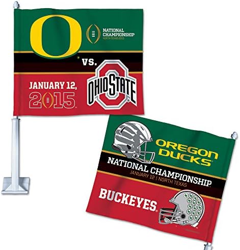 National Championship Ohio State Buckeyes vs Oregon Ducks Dueling Logos & Helmets 2 Sided Car Flag